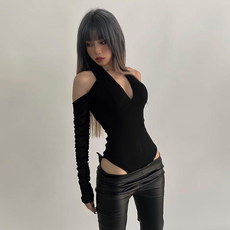 Street Fashion Photography - Women's Sexy Hollow Bodysuit Long Sleeved