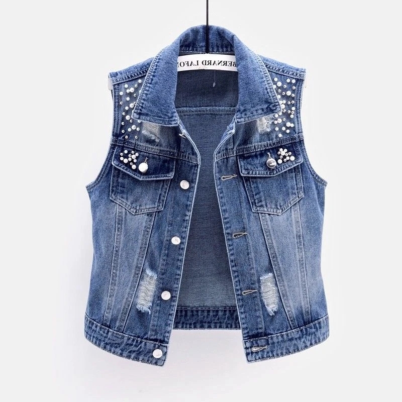 Women Denim Vest Luxury Pearls - Street Fashion Jeans Women review and price