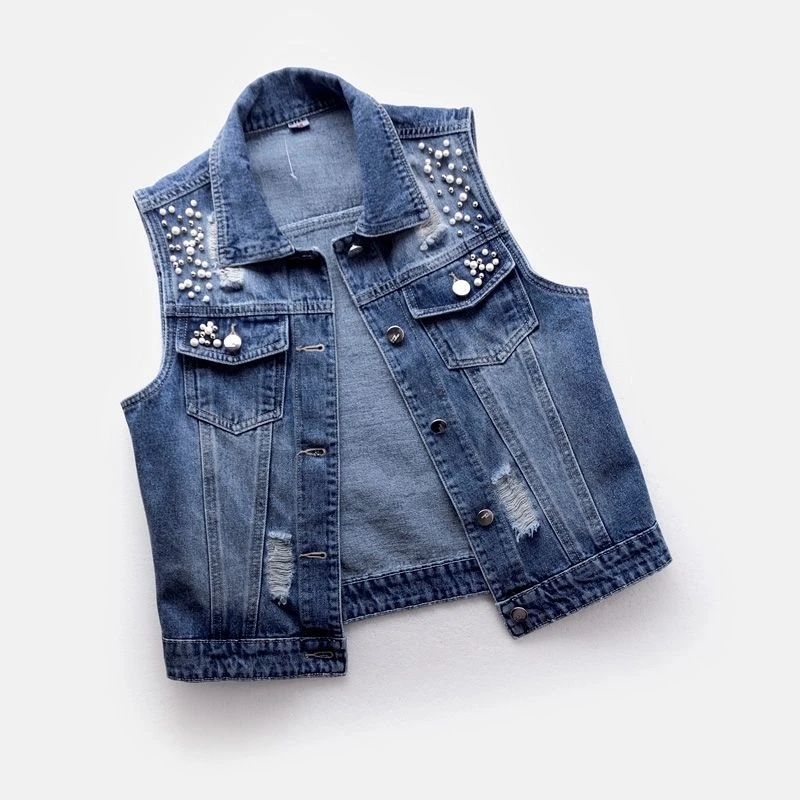 Women Denim Vest Luxury Pearls - Street Fashion Jeans Women review and price