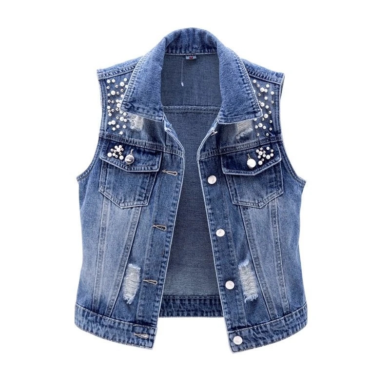 Women Denim Vest Luxury Pearls - Street Fashion Jeans Women review and price